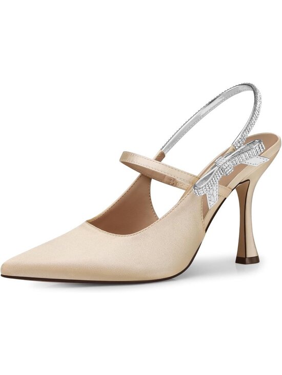 Shoes - Women's Satin Champagne Ankle Strappy With Rhinestone Bow Party Kitten Heels